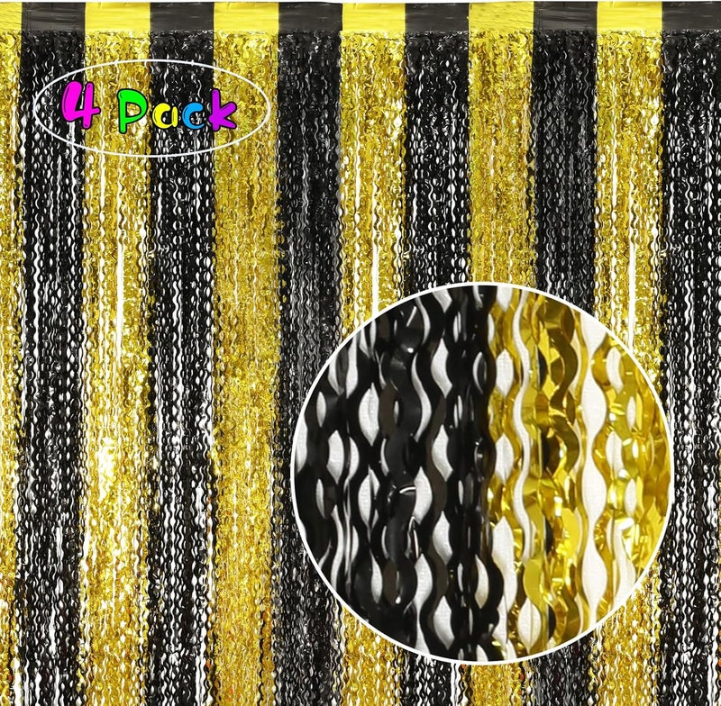 KEEUH 4 Pack Black and Gold Wavy Foil Fringe Curtains Pirthday Decorations,3.3 ft x 6.6 ft Metallic Foil Curtains Streamers for Party Photo Booth Props Background Decoration - Image 2